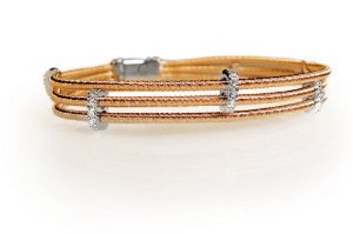 18K Rose Gold Multi-Strand, Hand-Woven Mesh Bracelet, Designed With Five Bar-Shaped White-Gold Stations, Enhanced With Pave Set Diamonds. ( GH-Color, SI-Clarity; c.t.tw.0.40 CT ).