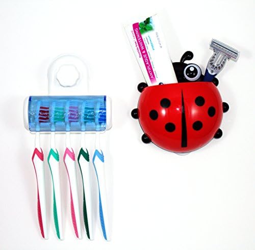 Wall Mounted Toothbrush and Toothpaste Holder Set, Holds 5 Brushes with Heavy Duty Suction, Cover Guard, and Drainage Holes by Marble Star