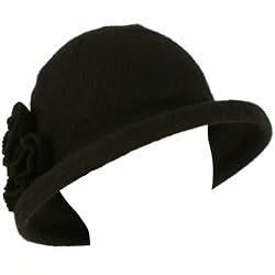 100% Wool Winter Cloche Bucket Flower Leaf Crushable Hard Brim Church Hat Black