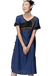 Linen Short Sleeves Round Neck Applique Summer Midi Dress 