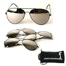 UB Black Frame & Mirrored Lens Aviator 3-Pack w/ Drawstring Sunglass Pouch