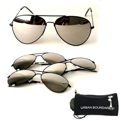 UB Black Frame & Mirrored Lens Aviator 3-Pack w/ Drawstring Sunglass Pouch