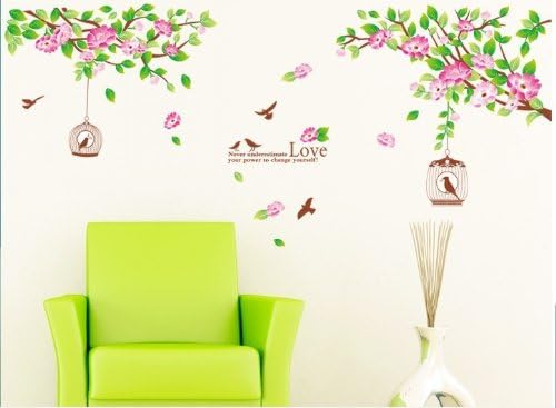 Never understimate Love You Power Change Yourself Bird Birdcage Pink Flower Green Leaf Tree Tree Wall Stickers Home Decal Decor