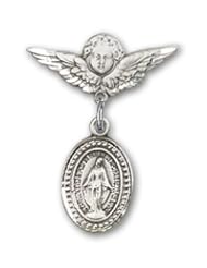 Sterling Silver Baby Badge with Miraculous Charm and Angel with Wings Badge Pin