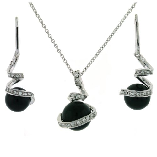 Best Price Exquisite Sterling Silver CZ Black Pearl Majorca Swirl Pendant Necklace and Earring Jewelry Gift Set Bucasi