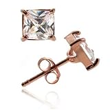 Rose Gold 18K Gold over Sterling Silver Simulated Diamond stone 6mm cz square stud Earrings