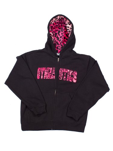 Girls/Adult Sweatshirt Gymnastics ZIPPER Hoodie Black w/ Fur Lined Hood (Youth Medium (10-12), Pink Leopard)