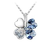 Kzafrance Collection "Fête des Mères" Collier Trèfle Quatre Feuilles Porte-bonheur Cristal Swarovski et Chaîne en plaqué Or Blanc 18 Carats - Bleu Azur