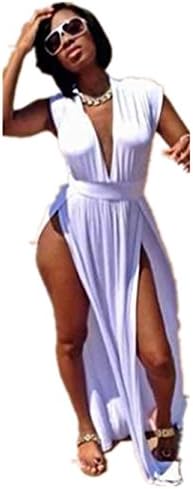 Qiuyun Women's Polyester Sleeveless Deep V Neck Clubwear Split Dress White XL