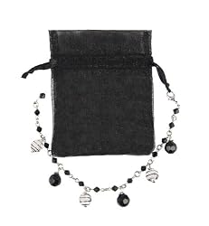 Bracelet - B275 - Murano Style, Glass and Swarovski (tm) Crystal Beads - Adjustable to Fit + Matching Organza Bag ~ Black and Silver