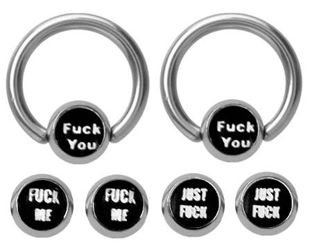 6 piece set Surgical Steel Bad Word Balls - F^ck You, F^ck Me, Just F^ck Captive bead Ring lip, belly, nipple, cartilage, tragus, earring body Jewelry piercing hoop - 14 gauge, 3/8