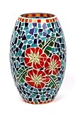 Mosaic Hibiscus Flower Hurricane Lantern with 4-in Flickering Battery Operated Pillar