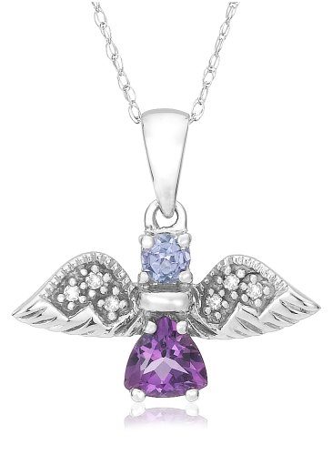 10K White Gold Amethyst and Tanzanite Angel Pendant w/ Diamond Accent