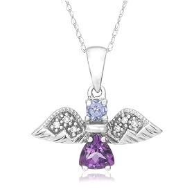 10K White Gold Amethyst and Tanzanite Angel Pendant w/ Diamond Accent