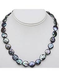 14-15mm Black Coin Genuine Freshwater Pearl 925 Sterling Silver Necklace 18"