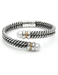 Sterling Silver Twisted Rope Hinged Open Cuff Bracelet with White Freshwater Pearl Ends, 14K Yellow Gold and Diamond Accents