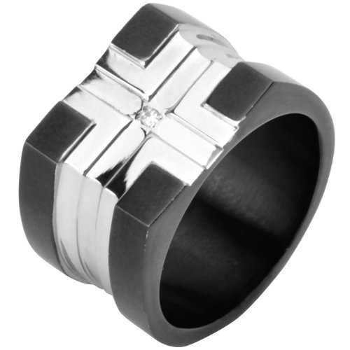 INOX Jewelry 316L Stainless Steel Black IP Plated CZ Cross Men's Ring