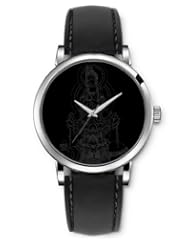 SPRAWL Aanalog Fashion Series Silver Ladies Watches of Genuine Black Leather Strap,Unique Wrist Watch for Women Girls Designed with Figure of a Chinese goddess