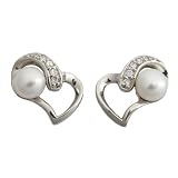 EXP Sterling Silver Floating White Pearl Heart Design Stud Earrings