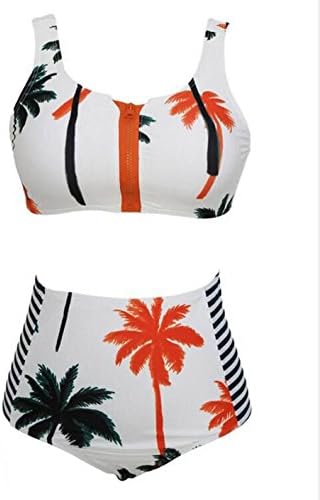 Sexy Floral Palm Tree Bikini Set High Neck Tank Zipper Striped Swimsuit treeS=(US0-2) Charming