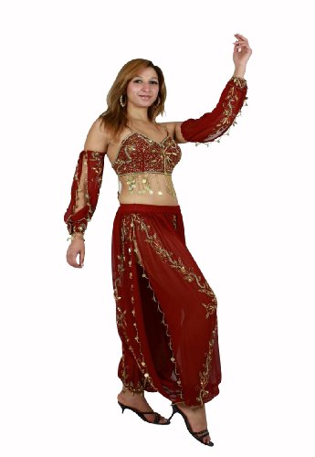 Dreiteiliges Bauchtanzkostüm Haremsdame Orient Faschingskostüm, Free Size (S bis XL) weinrot-gold