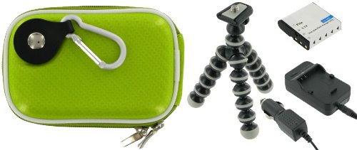 4n1 Hard Shell Case (Candy Green) / NP-BD1 AC DC Charger / Battery / Tripod for Sony Cyber-shot DSC-T900 Digital Camera Red