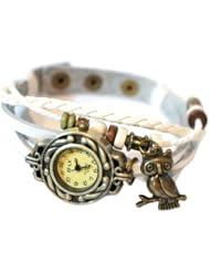 White Leather Antique Gold Bronze Owl Bird with Wood Beads Bohemian Bracelet wrist watch 7" to 8 1/4"
