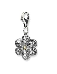 14k Yellow Gold Sterling Silver with 3 D Antiqued Flower with Lobster Clasp Charm