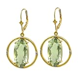 10k Yellow Gold Oval Green Quartz and Circle Leverback Earrings