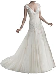 V-neck Flared-Skirt Satin/Tulle Natural   Waistline Vintage Lace Cap Sleeves  Dress