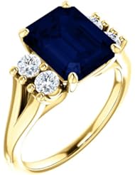 18K Yellow Gold 10.00x8.00mm Emerald Cut Chatham Created Sapphire and Diamond Ring -- LIFETIME WARRANTY