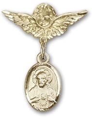 14K Gold Baby Badge with Scapular Charm and Angel with Wings Badge Pin