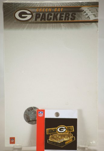 NFL - Green Bay Packers Collectibles Set - Lambeau Field Hat Pin / Packers 8x5 In Notepaper / Solid Wood Green Bay Packer Helmet 3x3.5 In w/ Wooden G - Hand Made - Out of Production - Rare - Limited Edition - Collectible