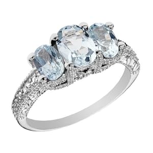 Three Stone Aquamarine Ring with Diamonds 1.56 Carat (ctw) in 14K White Gold,... by