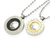 Floating Cubic Zirconia Stainless Steel Couples Love Kiss Medallion Pendant Necklace Set 18/20-24