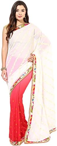 Fabroop White, Peach And Red Faux Georgette Half And Half Saree