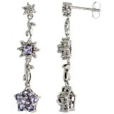 10ct White Gold Graduated Flower Dangle Earrings W 018 Carat Brilliant Cut Diamonds 120 Carats Brilliant Cut Tanzanite Stones 1 38 35mm Tall