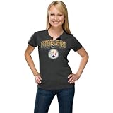 NFL Women's Pittsburgh Steelers Champion Swagger II Short Sleeve Split Crew Neck Heather Tee (Charcoal Heather, Large)