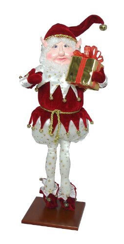 25 Fantasy Gold Star Pants Christmas Elf Holding Present on Display Stand