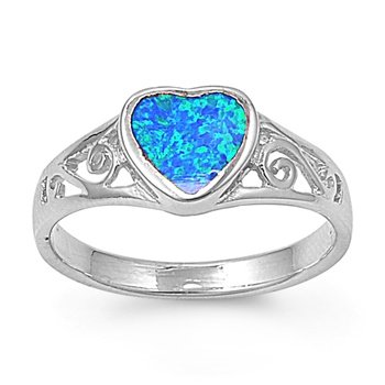 Sterling Silver 8mm Heart Shaped Lab Opal Blue Ring (Size 5 - 9)