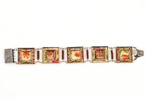 Adaya Exotic Inspiration Bracelet Set with Hand Painted Enamel Ornamented Square Links Enhanced with Alpaca, Beads and Swarovski Crystals; Handmade in Israel