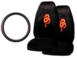 A Set of 2 Universal Fit Dragon Red Seat Covers and 1 Comfort Grip Steering Wheel Cover