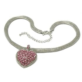 Glamorous Crystal Pink Heart Pendant Mesh Chain Necklace Jewelry