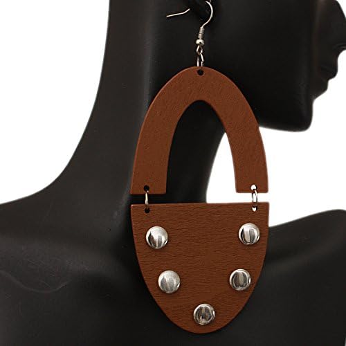 Brown Wooden Oval Studded Dangle Earrings