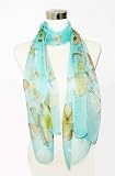 Chiffon Buttefly Print on Light Turquoise - Silk Long Scarf 21