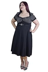 Plus Size Knee Length Polka Dot Print Flared-Skirt Cotton/Spandex Vintage Party Dress 
