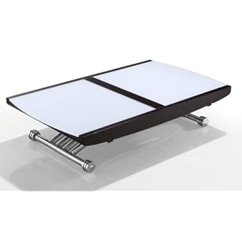 Table basse LIFT GLASS blanc relevable extensible en table repas 10 couverts.