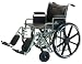 E & J PARAMOUNT BARIATRIC WHEELCHAIR::The Paramount is the choice for users up to 500 lb. who want a heavyweight chair for a lightweight price. Features double cross braces, dual axles, removable armrests and heavy duty, semi pneumatic casters. Meets Medicare K0007 specifications.::Black embossed leatherette upholstery with padding. :18" seat depth (2" longer than standard). :Chrome steel frame. :8" x 1 3/4" black, semi pneumatic front casters on three position forks. :24" x 1" molded wheels with solid tires and chrome hand rims. :Front and rear slide post design for easy folding and portability. :Industry compatible swing away footrests and elevating leg rests. :Maximum weight capacity of 500 lb. :Limited lifetime warranty on side frames and cross braces.::This model has Detachable Desk Arms and Swingaway Footrests.::Seat 22" wide x 18" deep - Seat Back 16" tall - 22" from floor. ::Overall wheelchair is 45" deep from back to footrest, 37" tall from handles to floor, and wheel to wheel width is 30.5".::Folded wheelchair is 13.5" wide.::Weight is 55 lb.