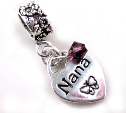 Nana, Heart with Butterfly, Amethyst Crystal, February Birthstone, Silver, European Charm Dangle Bead