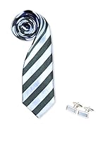 SILVIO SILVANI Pack Corbata Con Rayas Azul Celeste Y Verde + Gemelos Con Piedra Azul Celeste